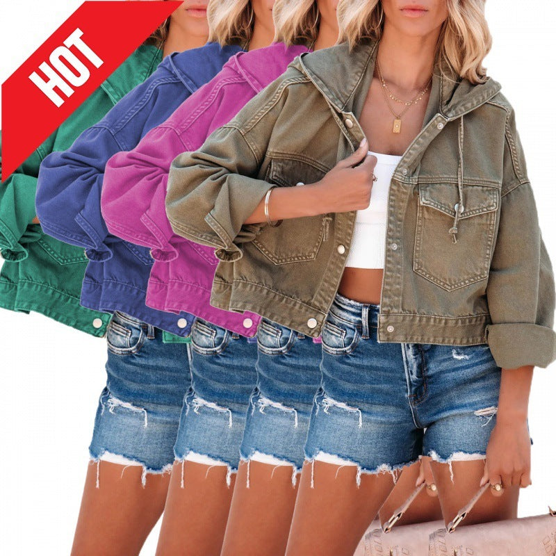 Casual Trend Women's Hooded Washed Denim Jacket, Multi Colours