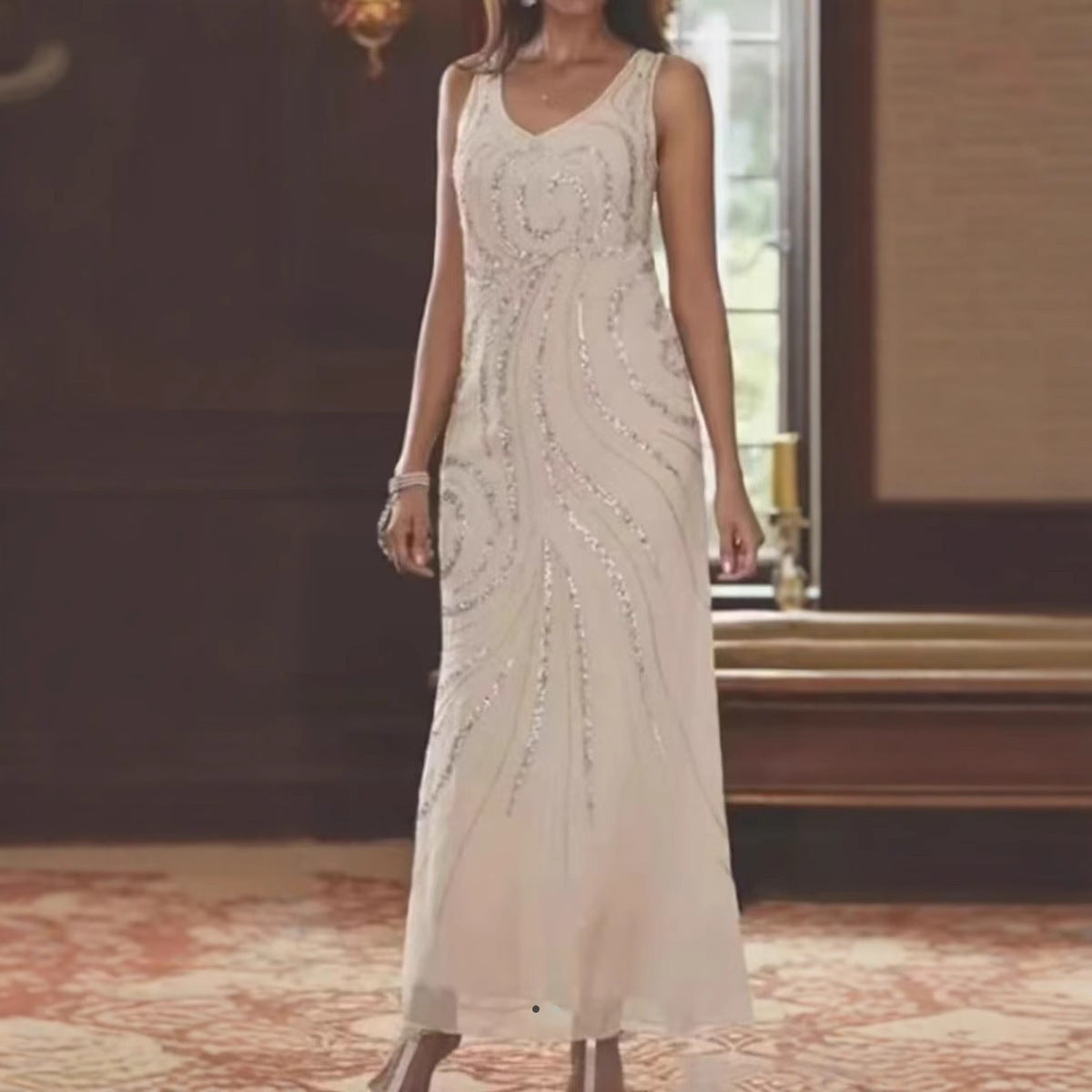 Sequined Scallop Neck Dress with Long-Sleeve Jacket, Chiffon Bride's Mom Dress