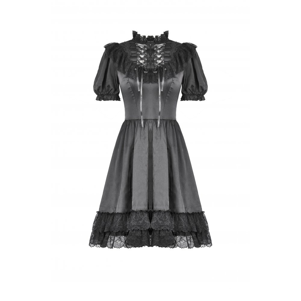 Dark in Love Belladonna Lace-Up High Collar Puff Sleeve Goth Dress, Plus Sizes