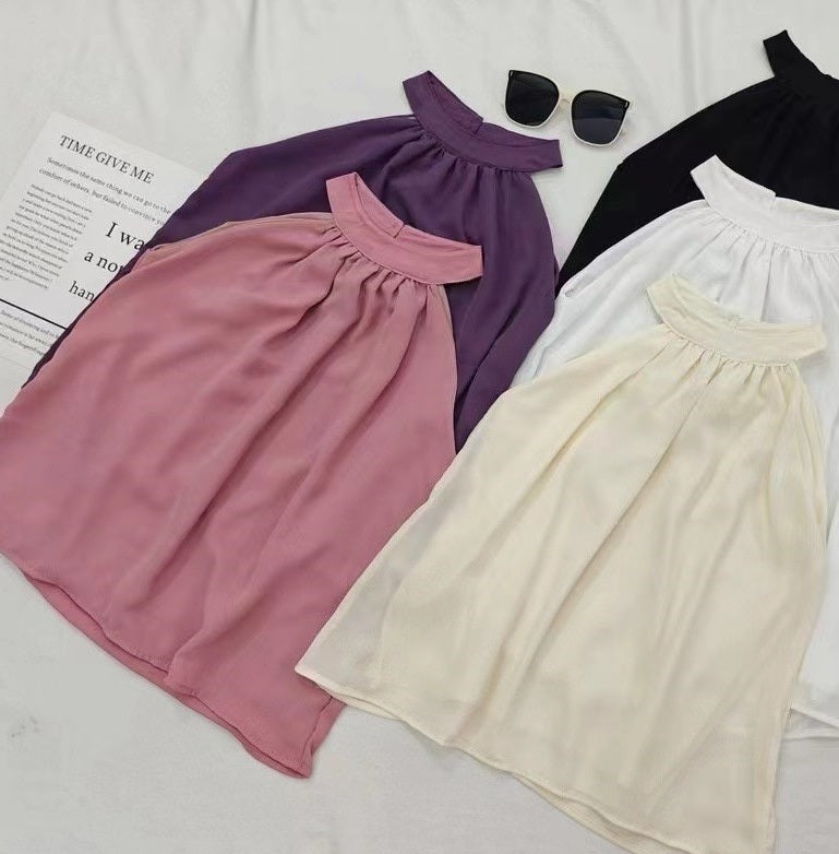 Vireous Design Sleeveless Shirt Women's Off-Shoulder French-Style Halter Top