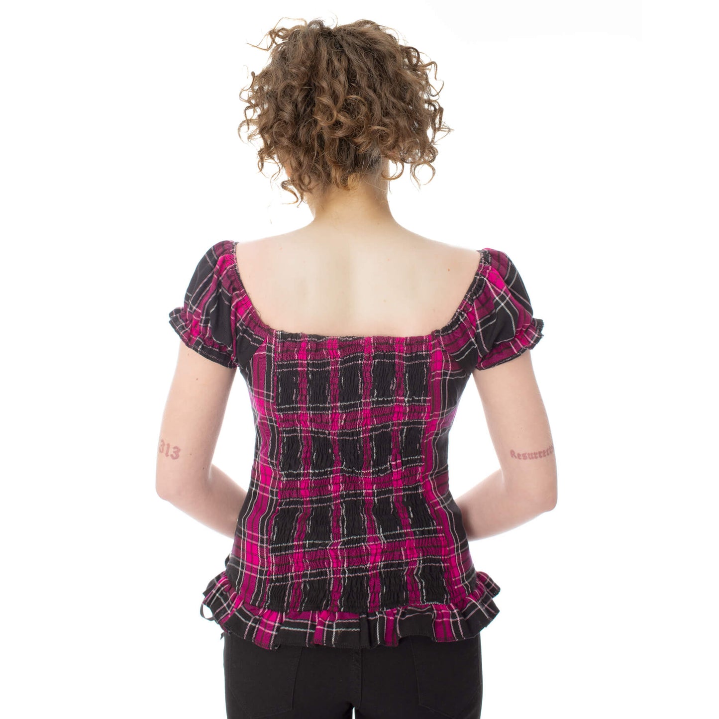 Heartless Hemlock Top, Women's Dark Pink Check Gothic Corset Top
