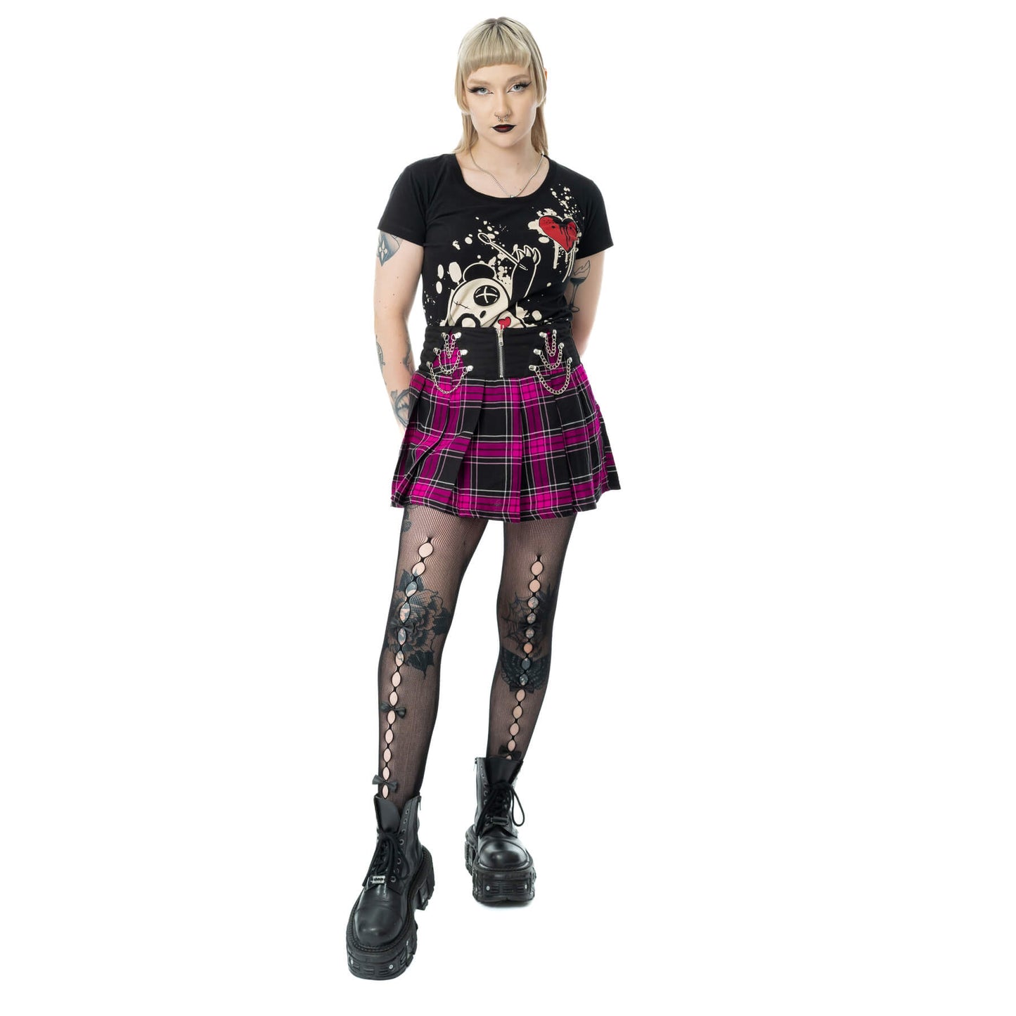 Heartless Nixie Check Skirt in Black & Dark Pink