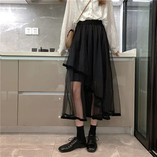 Vireous Women's Asymmetrical Mesh Hipster Skirt