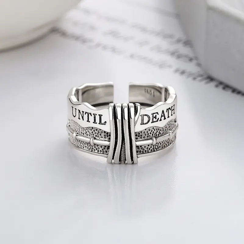 925 Sterling Silver Vintage 'Until Death' Motif Open Ring