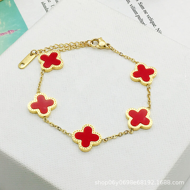 Four Leaf Flower Necklace Earrings Bracelet Set, Titanium