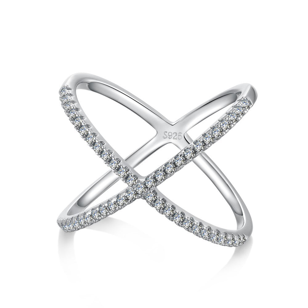 Zirconia Inlaid Cross Geometric Ring, 925 Sterling Silver