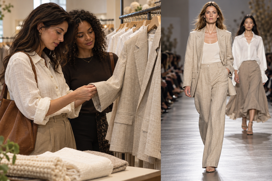 Close-up linen and cotton fabrics beside a textured knit in neutral shades. Verify the pictured materials before use.