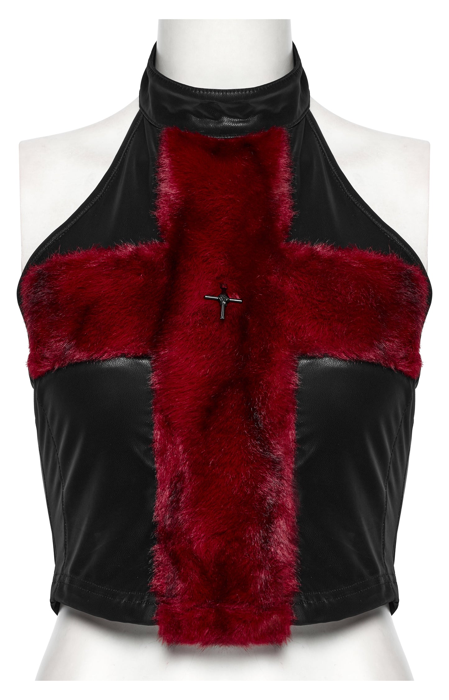 Punk Rave Valora Cross Fur Halter Top In Crimson