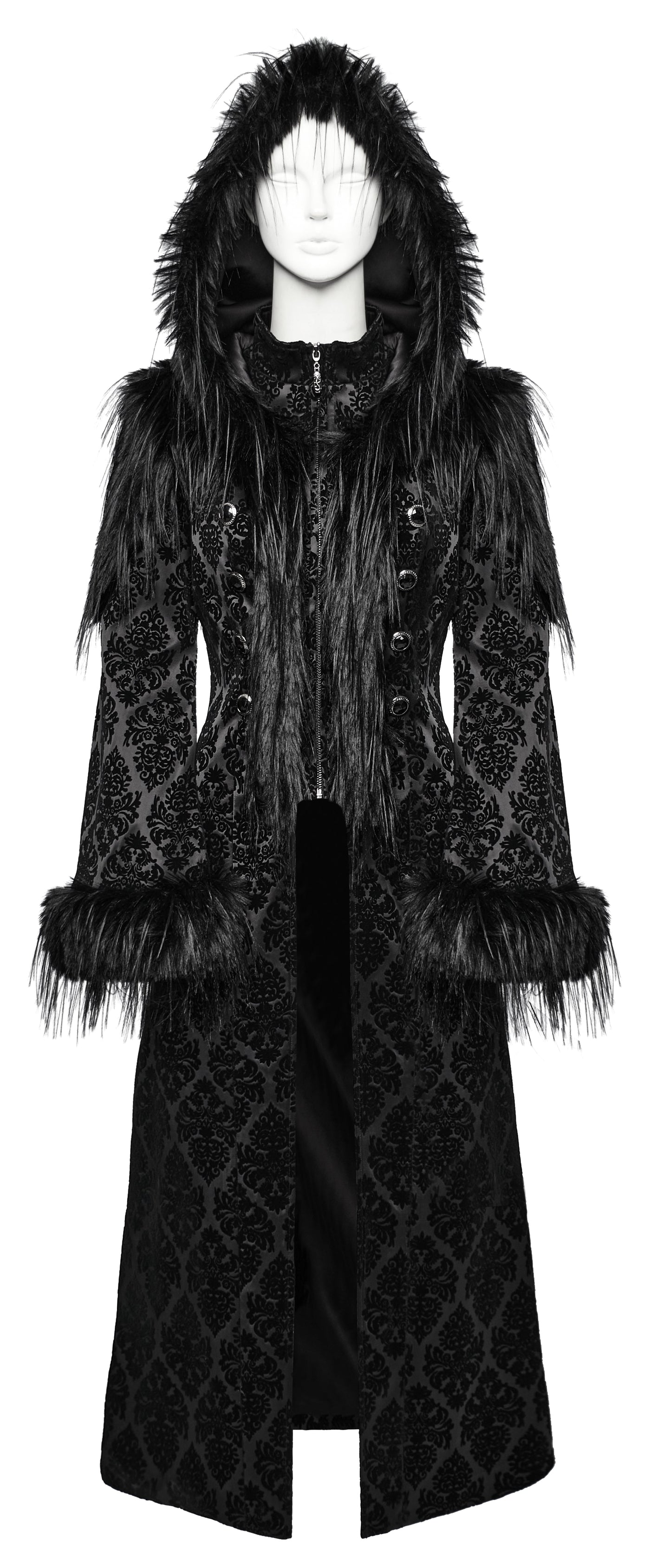 Punk Rave Morrigan Goth Gorgeous Jacquard Hooded Coat in Black