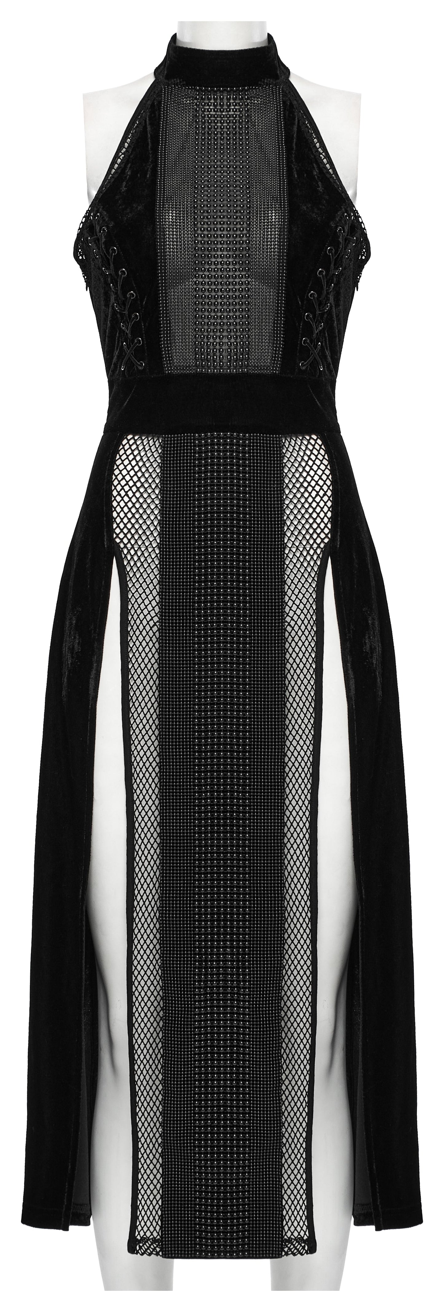 Punk Rave Selene Velvet Mesh High Slit Goth Dress In Black