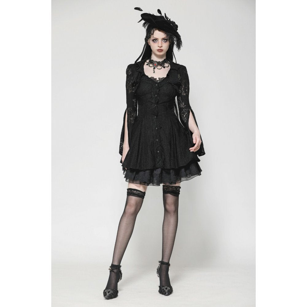 Dark in Love Luca Black Hollow Lace Gemstone-Button Adjustable Waist Dress