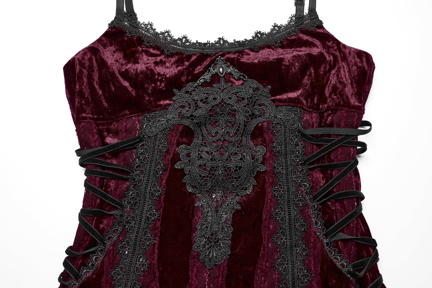 Punk Rave Vivienne Velvet Lace-Panel Goth Slip Dress In Burgundy
