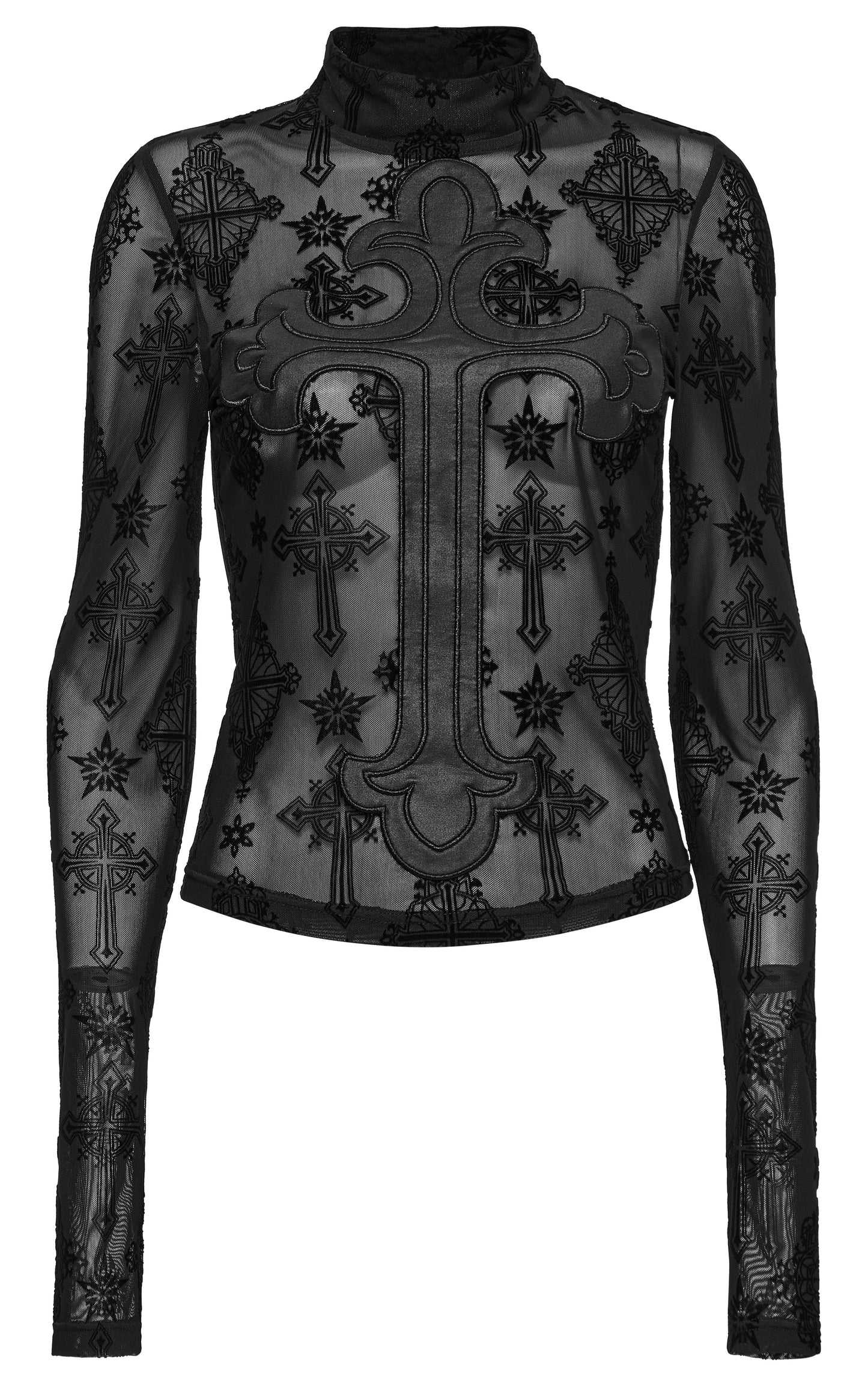 Punk Rave Morrigan Cross-Embroidered Mesh Top