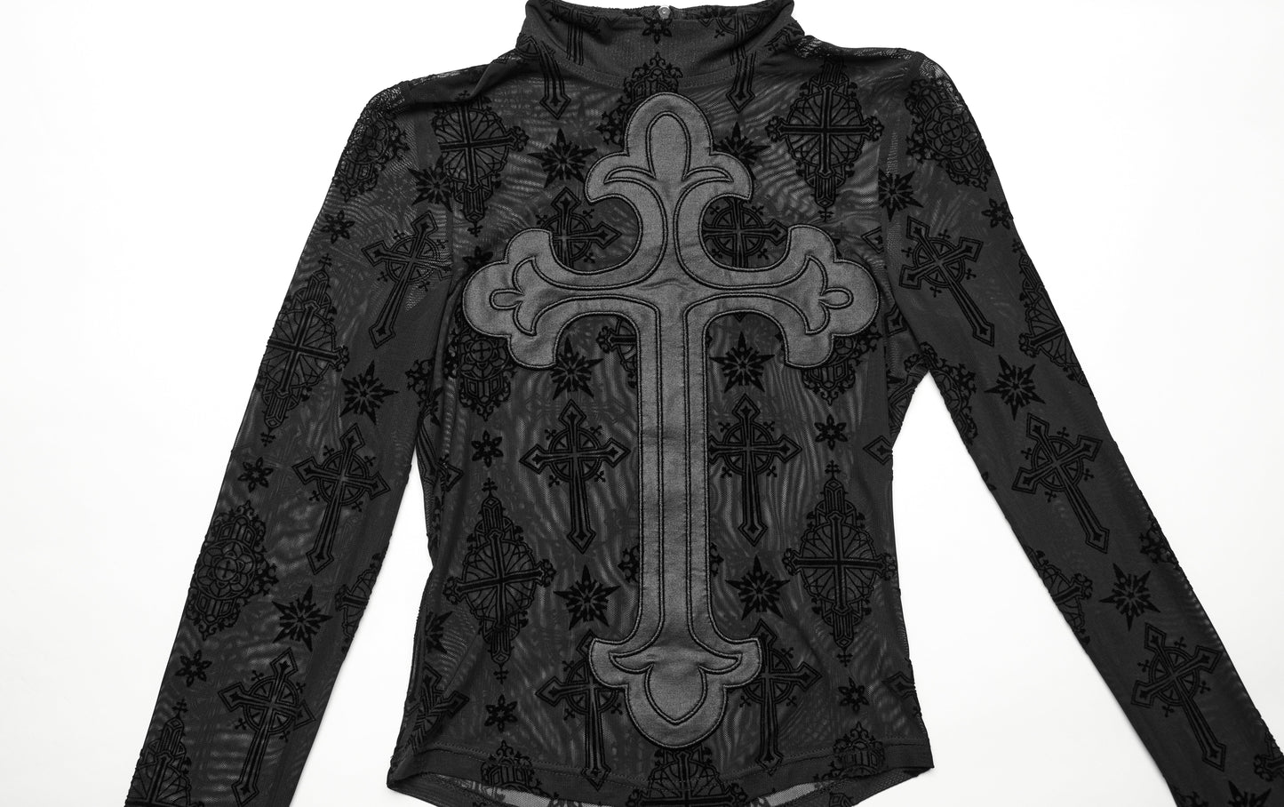 Punk Rave Morrigan Cross-Embroidered Mesh Top