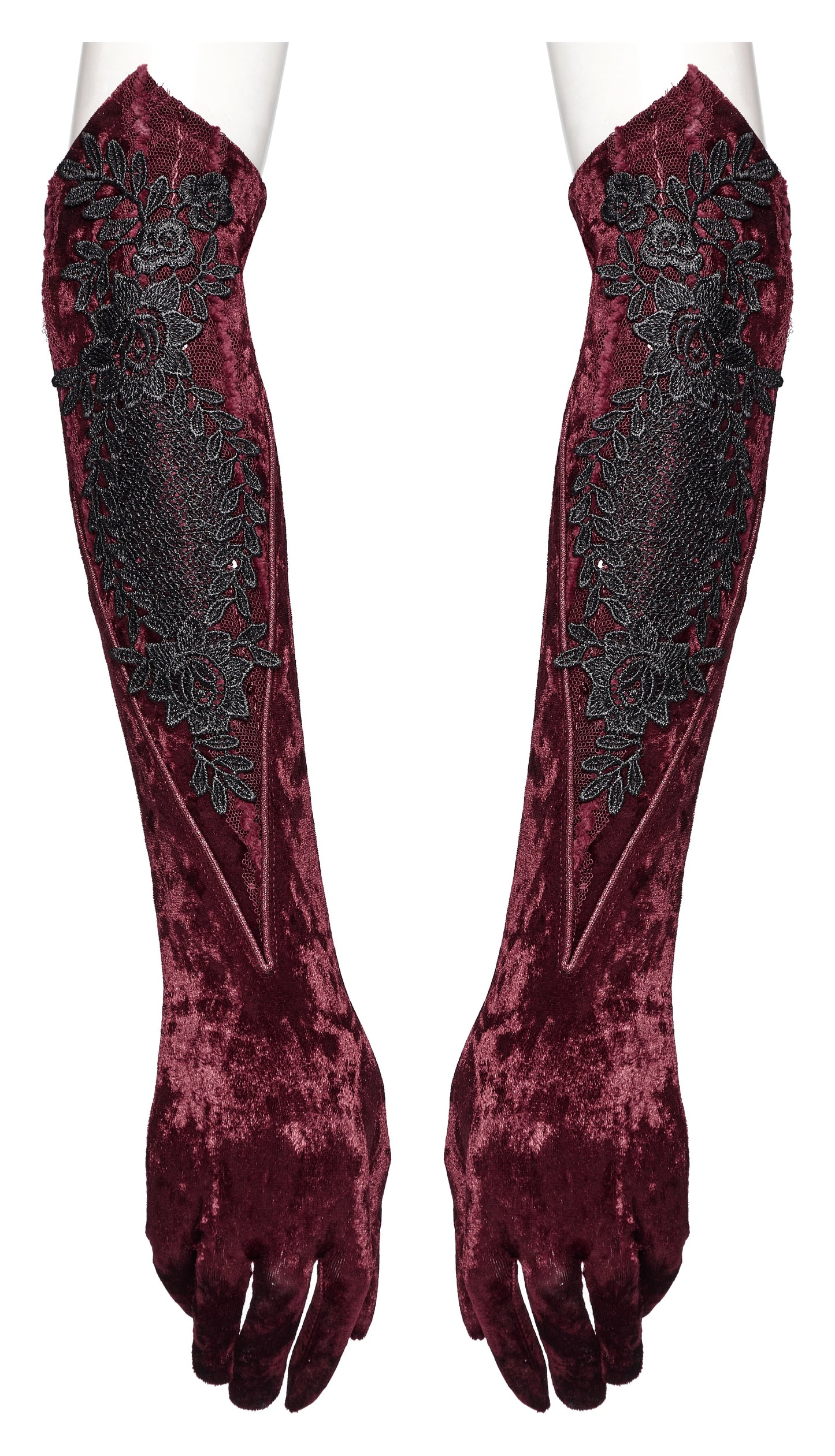 Punk Rave Selene Embroidered Velvet Gloves in Crimson