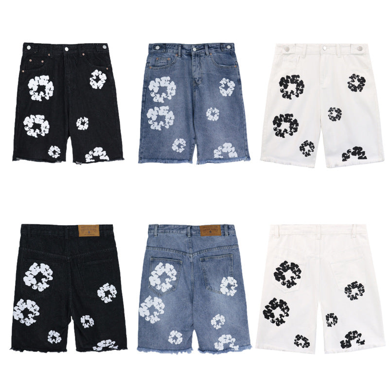 Cotton Flower Design Unisex Denim Shorts