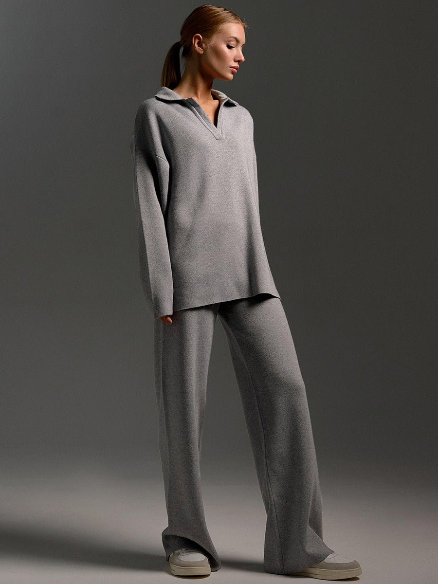 Women's Knitted Fashion Suit, Casual Collared Loose Pants Set