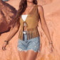 Women's Cowgirl Casual Getaway Western Boho Suede Fringe Vest Top