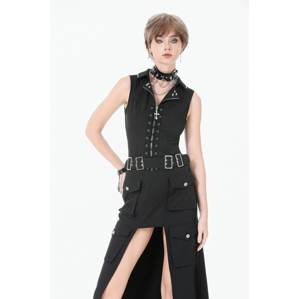Dark in Love Punk Layered-Pocket Cutout Belted Long Skirt