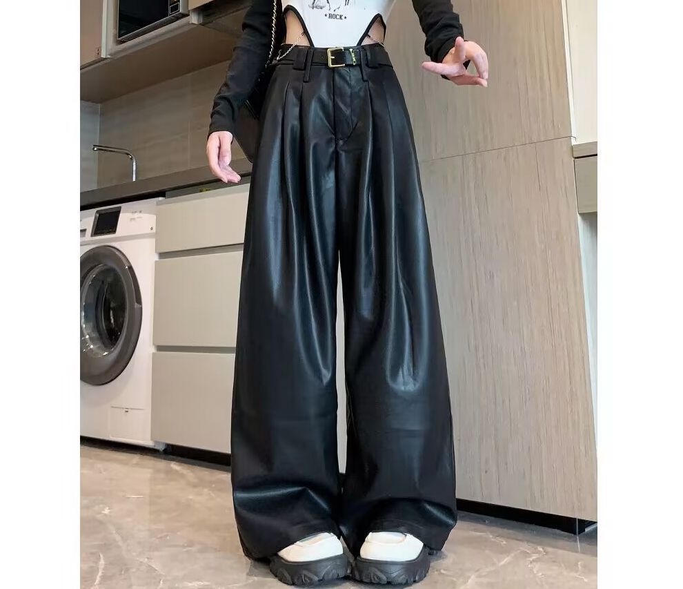 Vireous Women's Designer Vintage Brown Pleated Loose Leather Pants