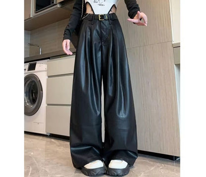 Vireous Women's Designer Vintage Brown Pleated Loose Leather Pants