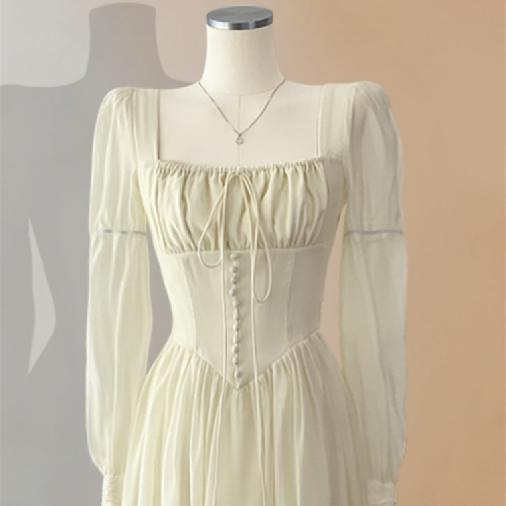 Vireous French Court-Style White Chiffon Dress