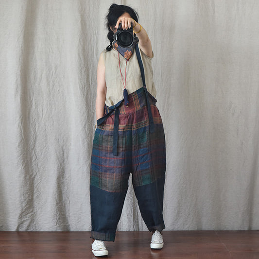 Women's Fashion Patchwork Linen Arty Suspender Pants