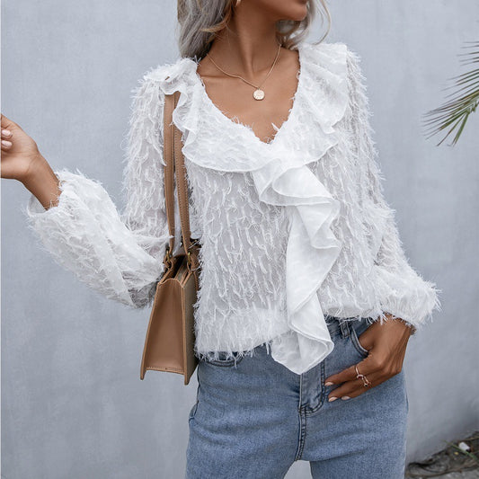 Ruffled Fringed Feather Long-Sleeve Blouse