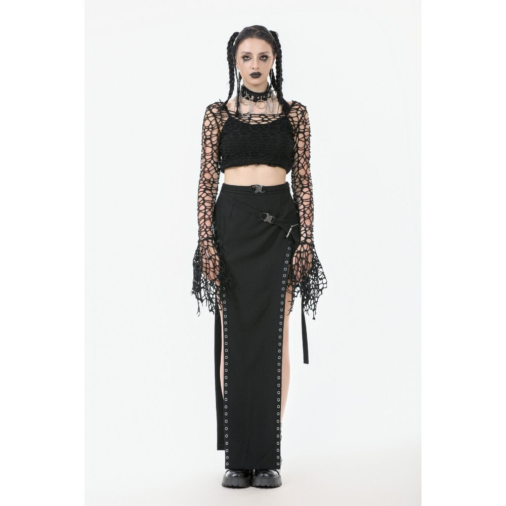Dark in Love Morana Mesh Crochet-Knit Bell Sleeve Crop Top