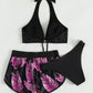 Three-Piece Leaf Print Bikini with Shorts, Fashion Summer Beach Swimsuit