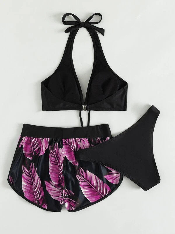 Three-Piece Leaf Print Bikini with Shorts, Fashion Summer Beach Swimsuit