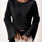 Women's Round Neck Loose Fit Bell-Sleeve Casual Ribbed Top