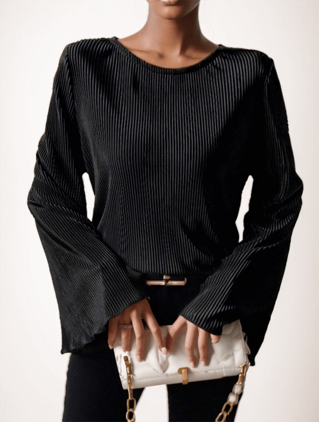 Women's Round Neck Loose Fit Bell-Sleeve Casual Ribbed Top