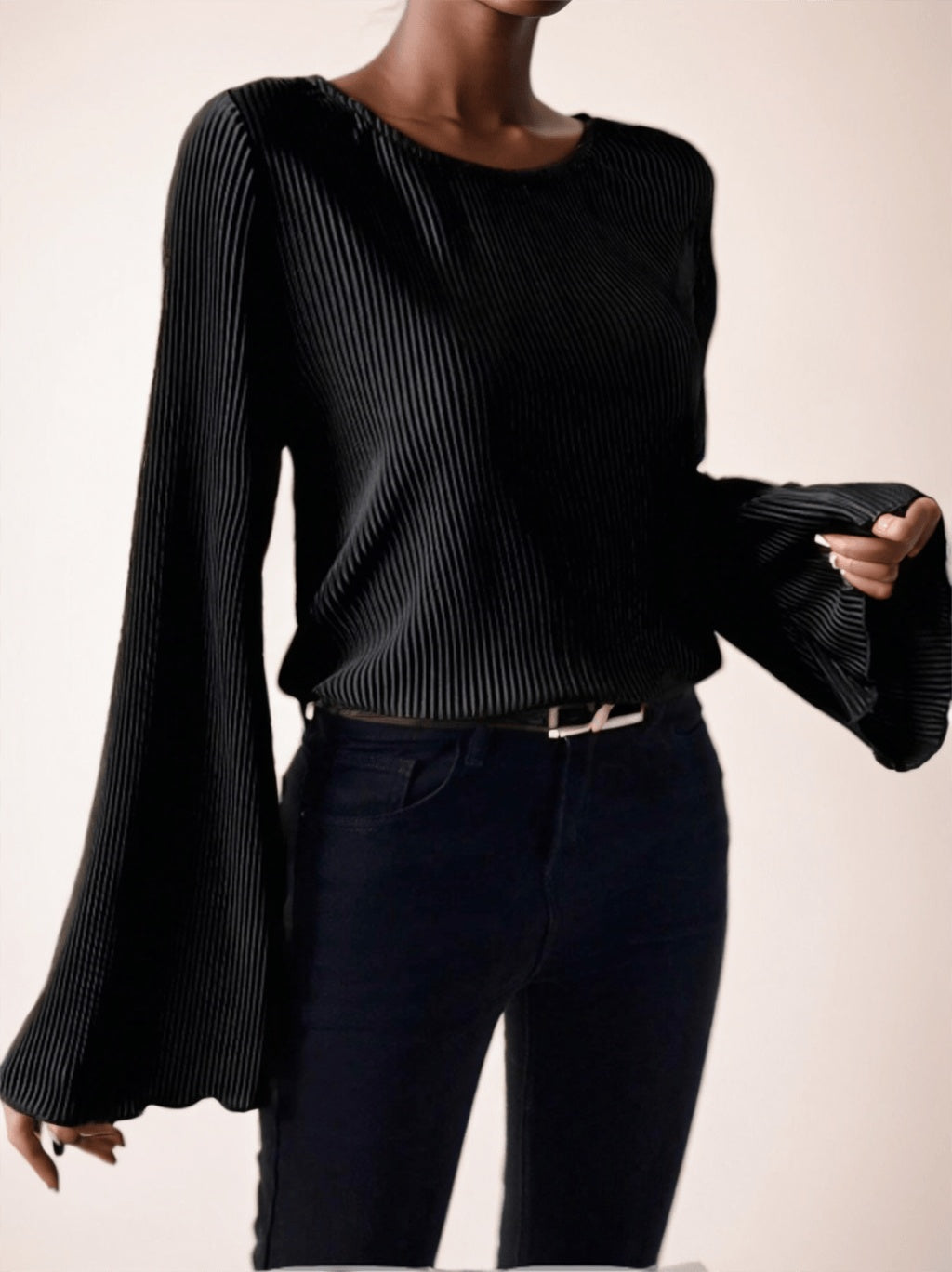 Women's Round Neck Loose Fit Bell-Sleeve Casual Ribbed Top