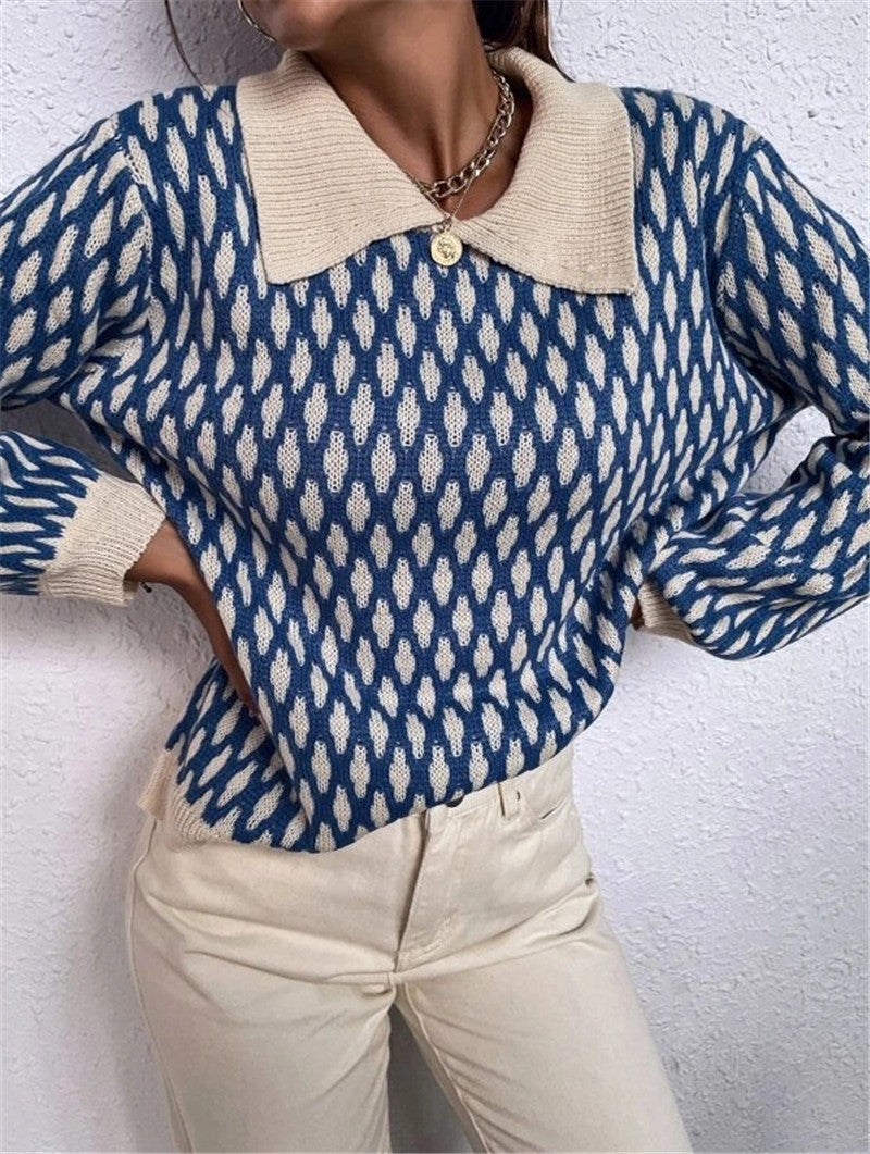 French-Style Diamond Pattern, Polo Neck Women's Sweater