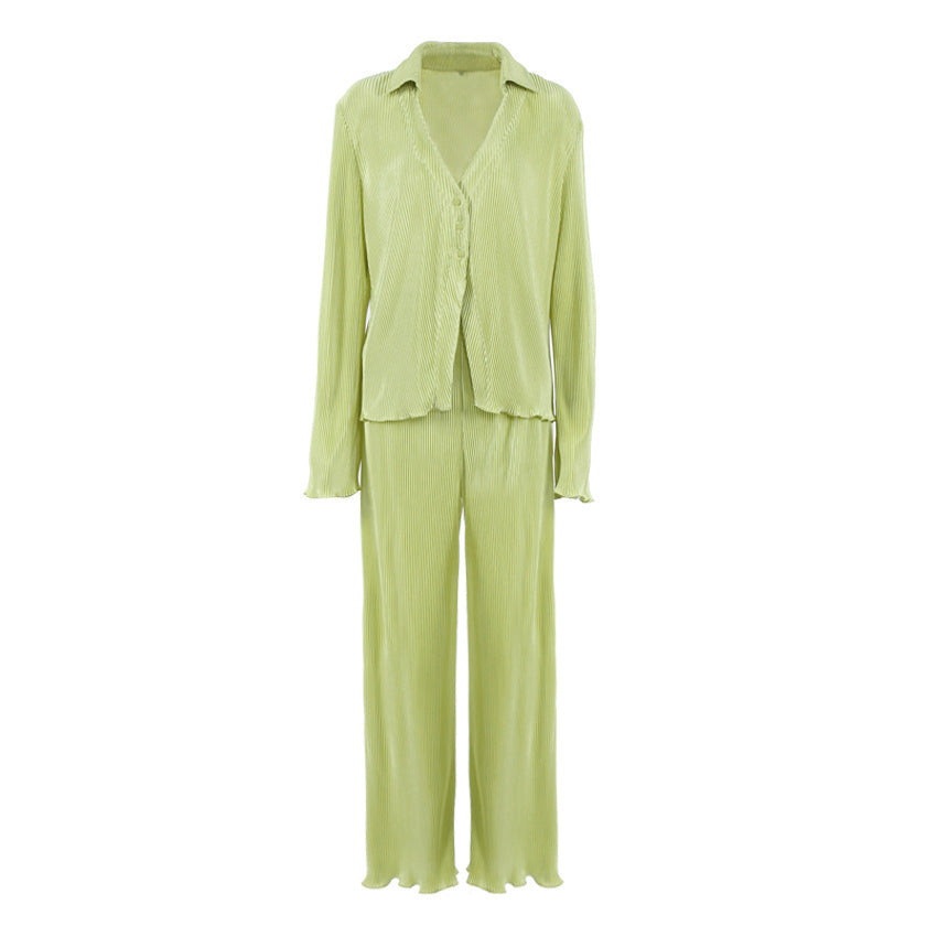 Long-Sleeve Woollen Fine RIb Knit Women's Pants Suit