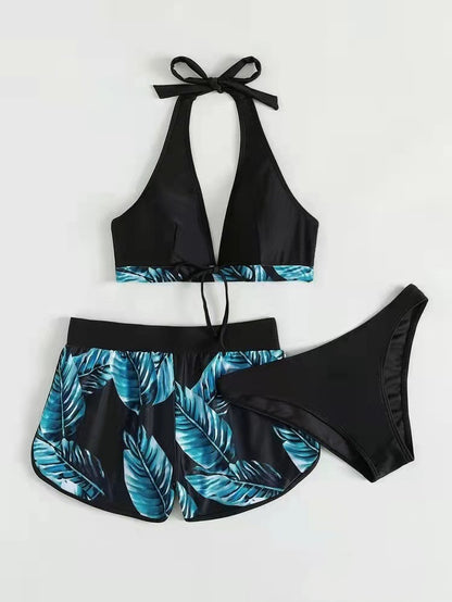 Three-Piece Leaf Print Bikini with Shorts, Fashion Summer Beach Swimsuit