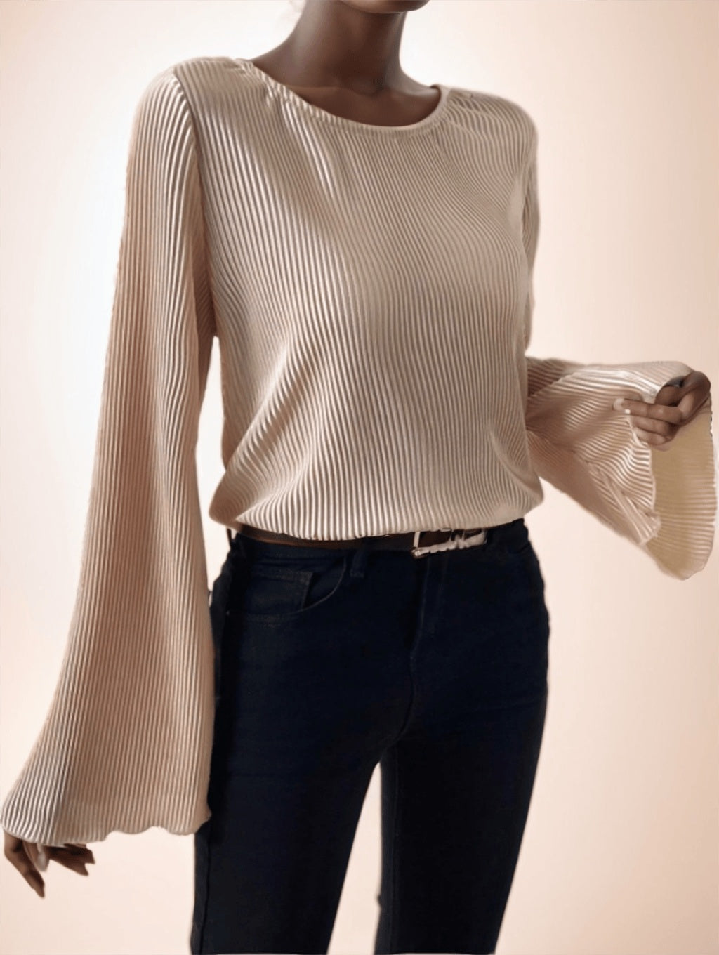 Women's Round Neck Loose Fit Bell-Sleeve Casual Ribbed Top