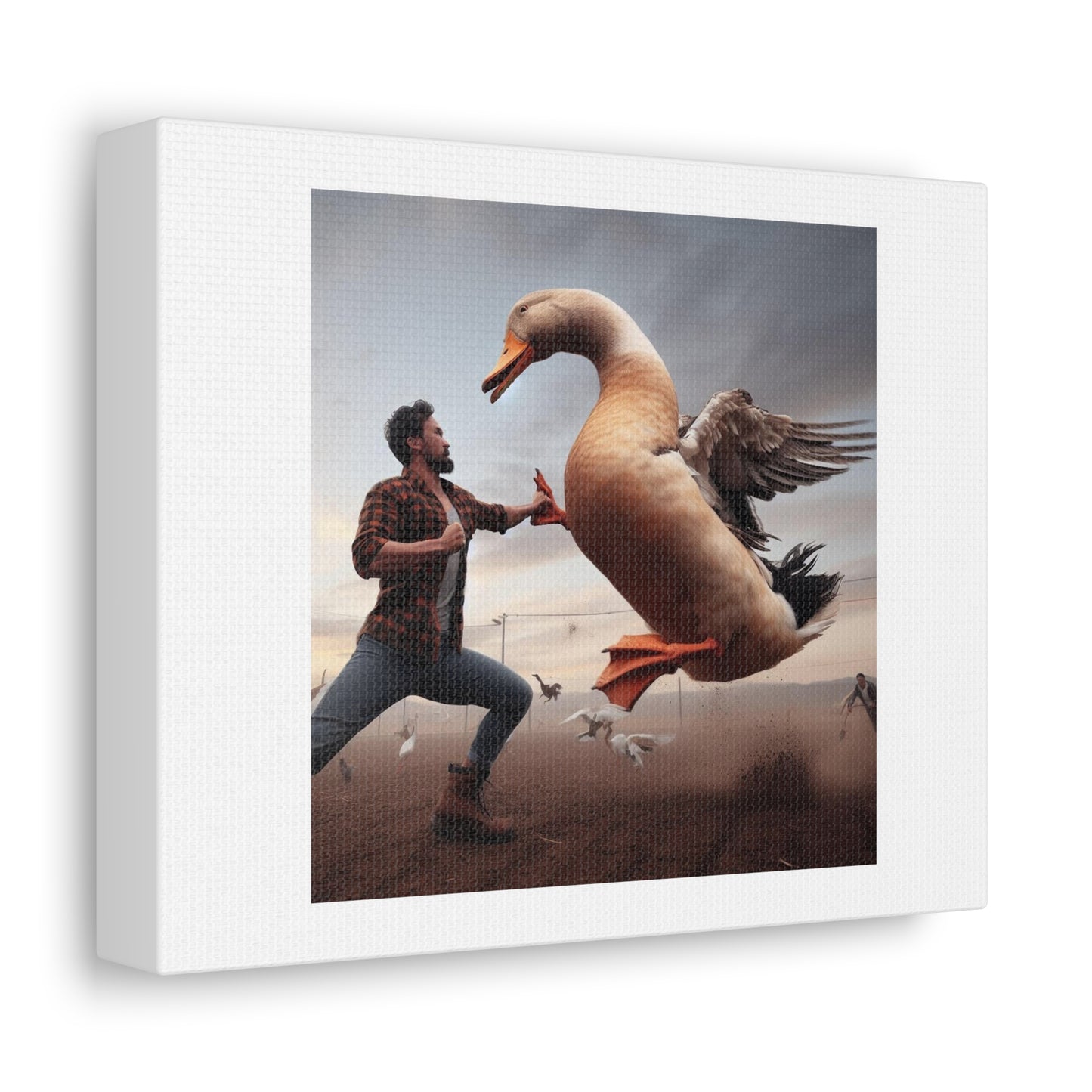 Man Fighting a Horse Sized Duck Photorealism 'Designed by AI' Art Print on Canvas