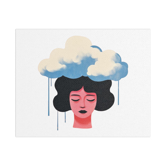 Woman Under a Cloud Portrait, Cartoon Art Print on Canvas