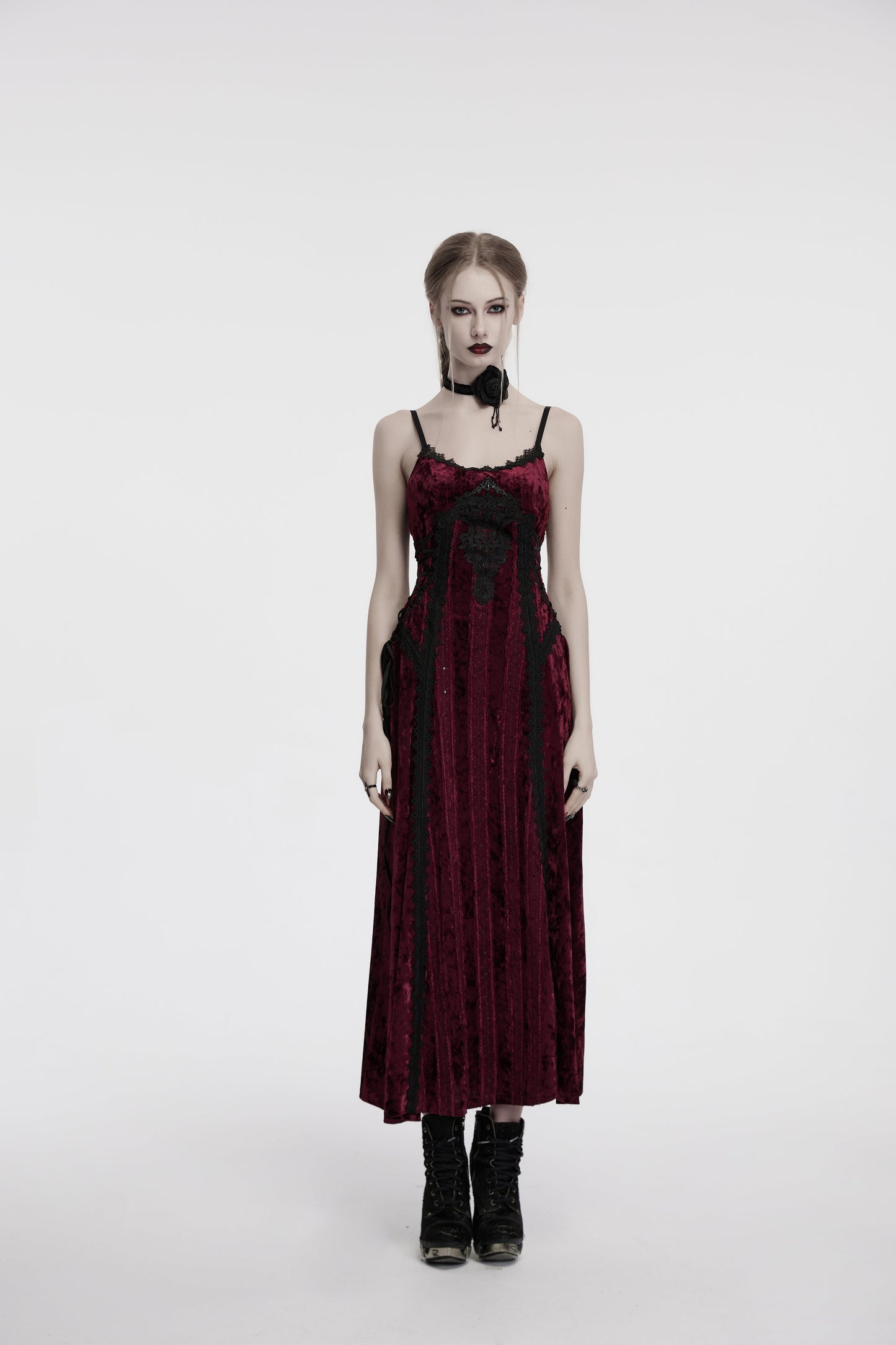 Punk Rave Vivienne Velvet Lace-Panel Goth Slip Dress In Burgundy