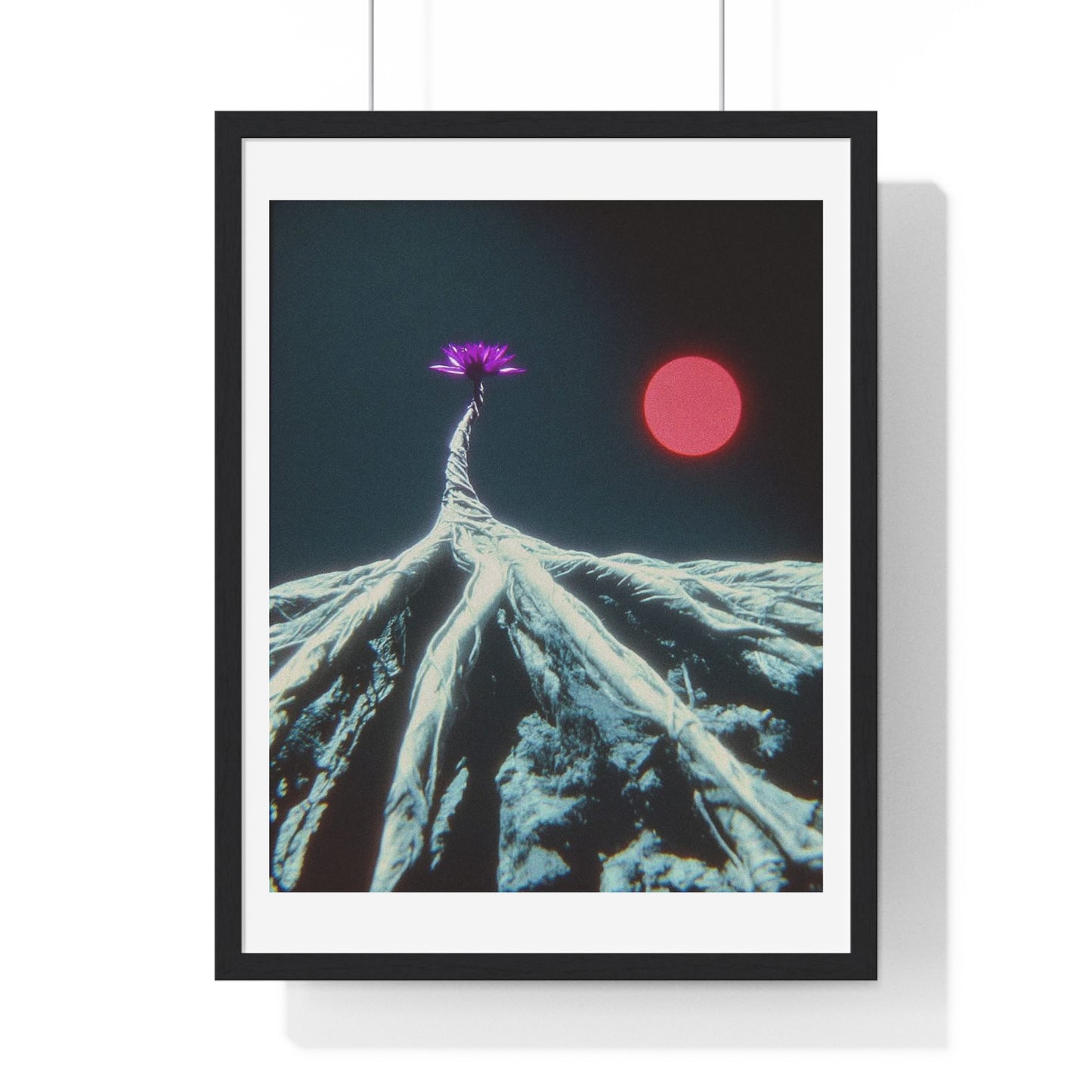 One Purple Flower Growing From Frozen Tundra Against a Red Sun 'Designed by AI' Framed Art Print