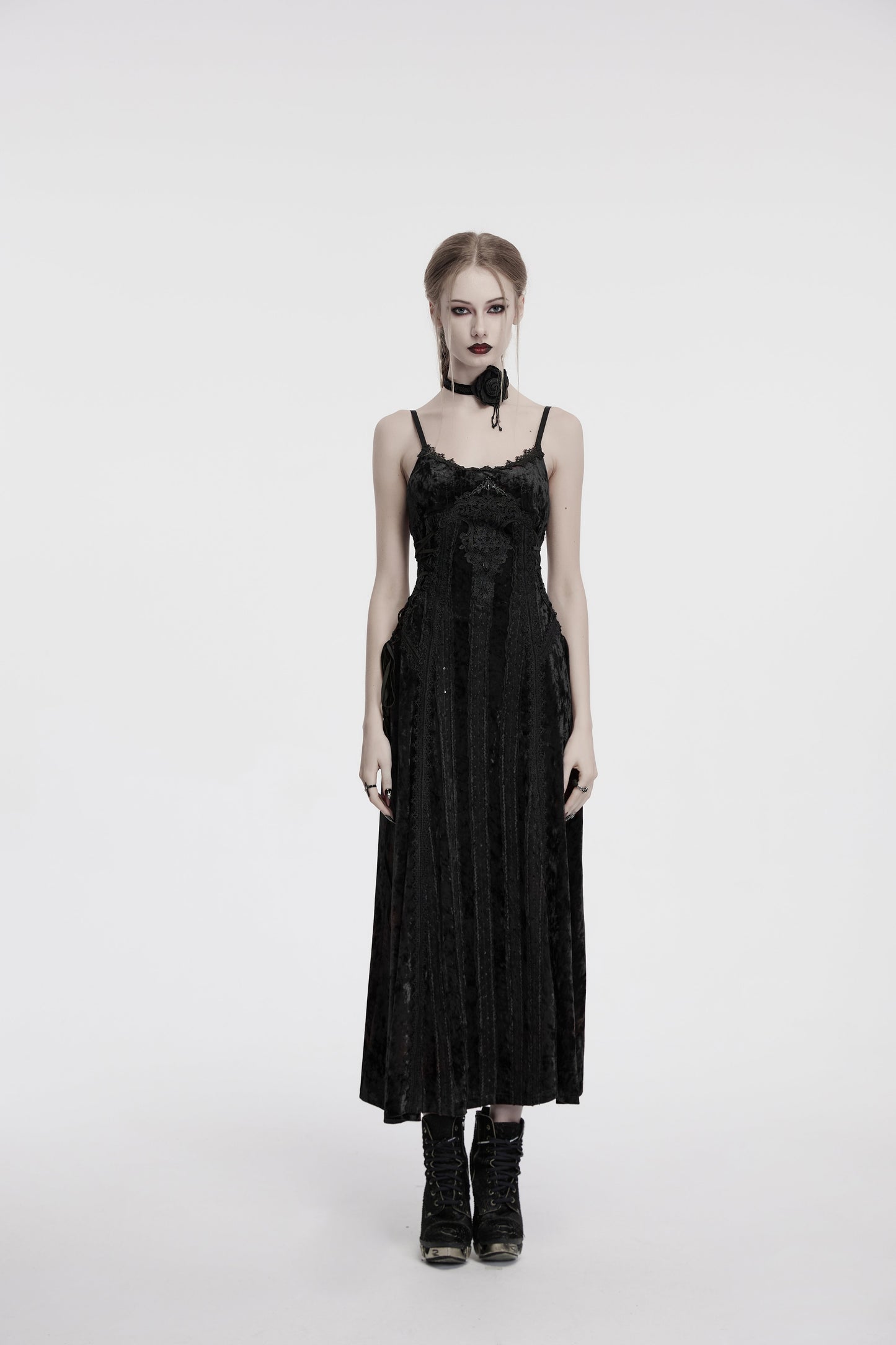 Punk Rave Morrigan Embroidered Velvet Goth Slip Dress in Black
