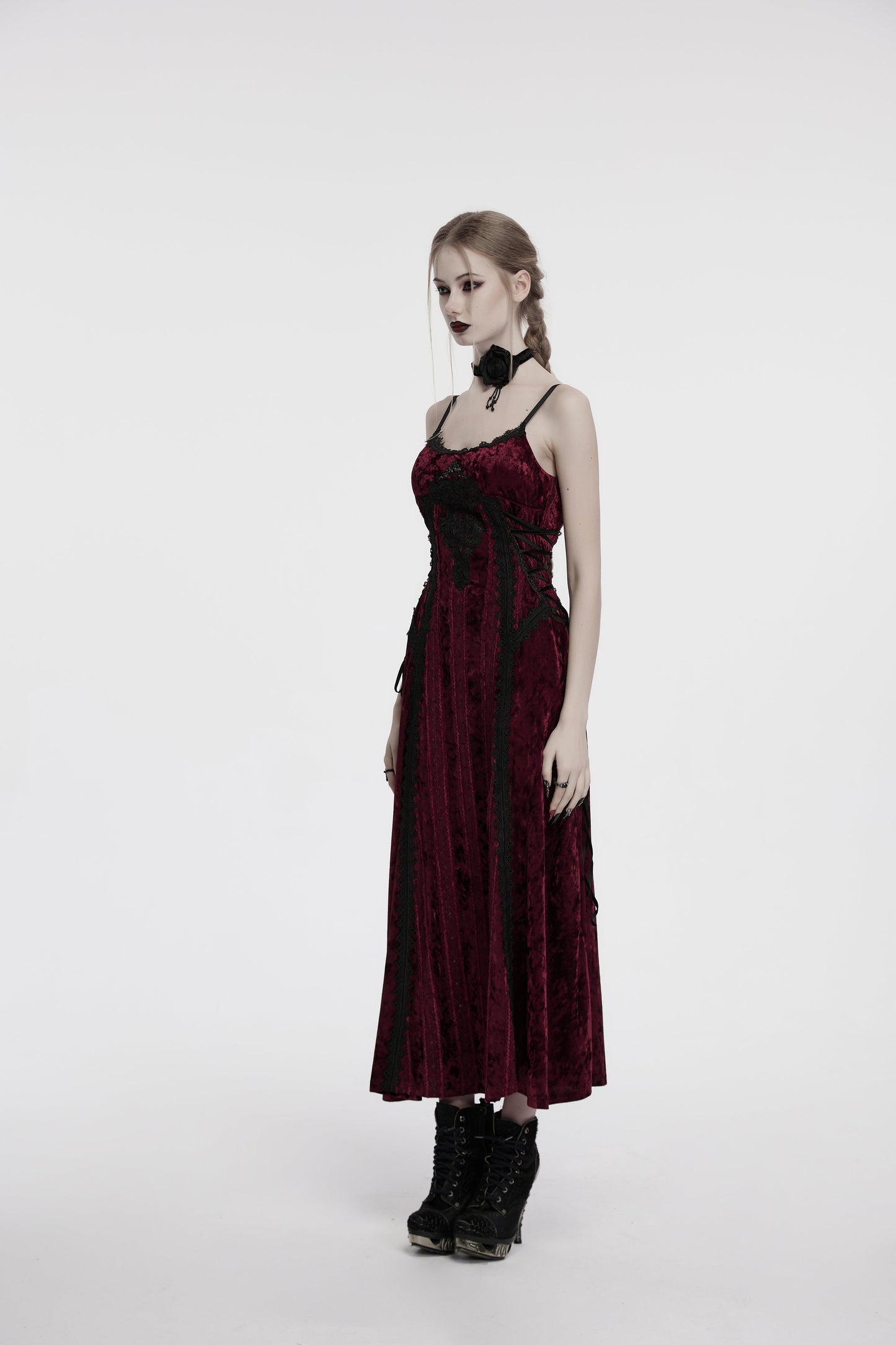 Punk Rave Vivienne Velvet Lace-Panel Goth Slip Dress In Burgundy
