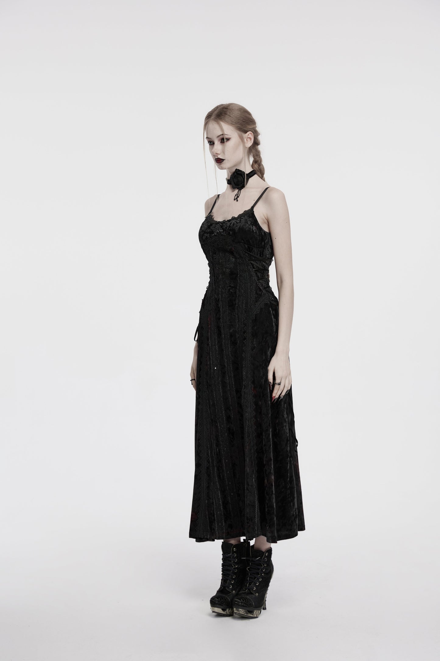 Punk Rave Morrigan Embroidered Velvet Goth Slip Dress in Black