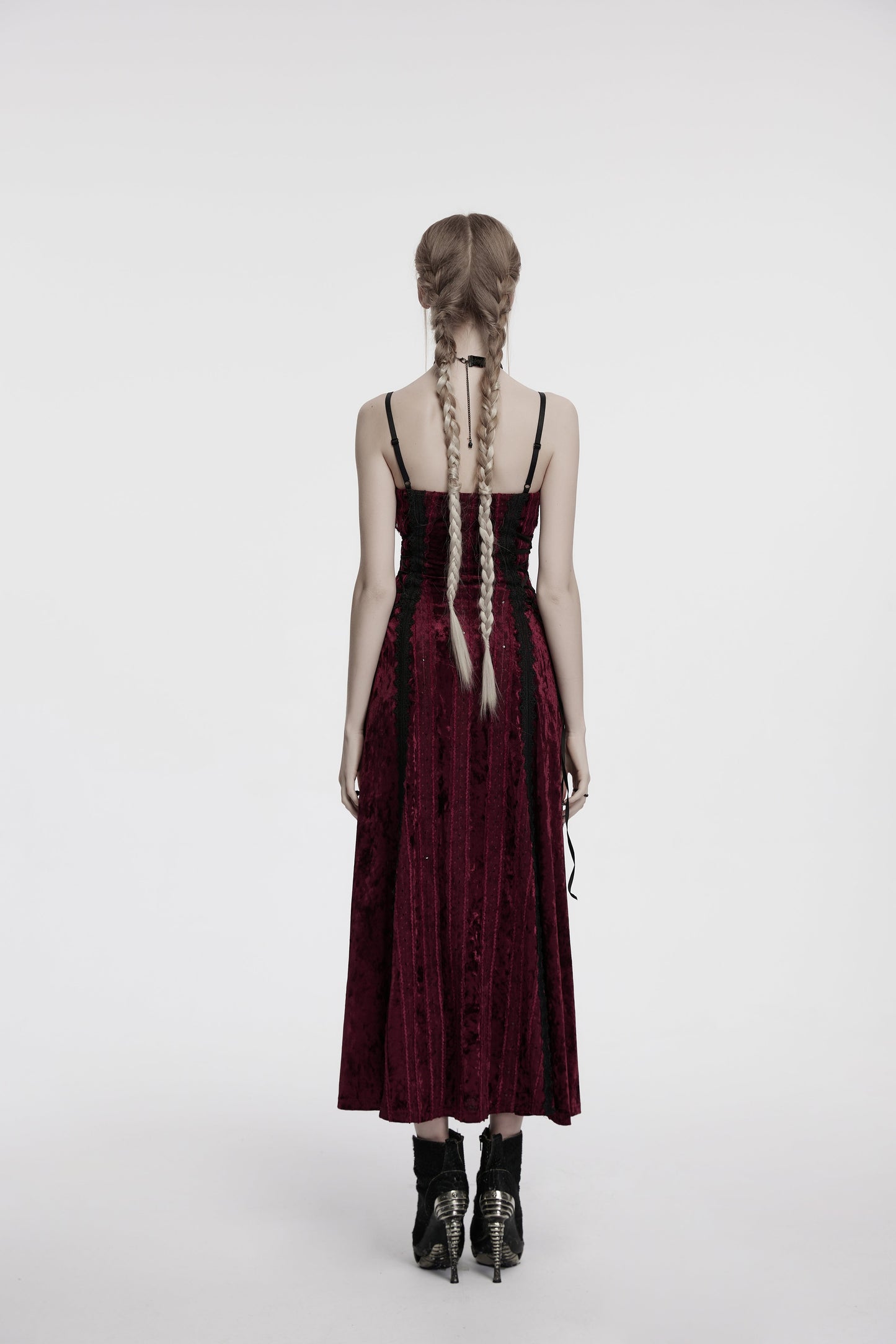 Punk Rave Vivienne Velvet Lace-Panel Goth Slip Dress In Burgundy