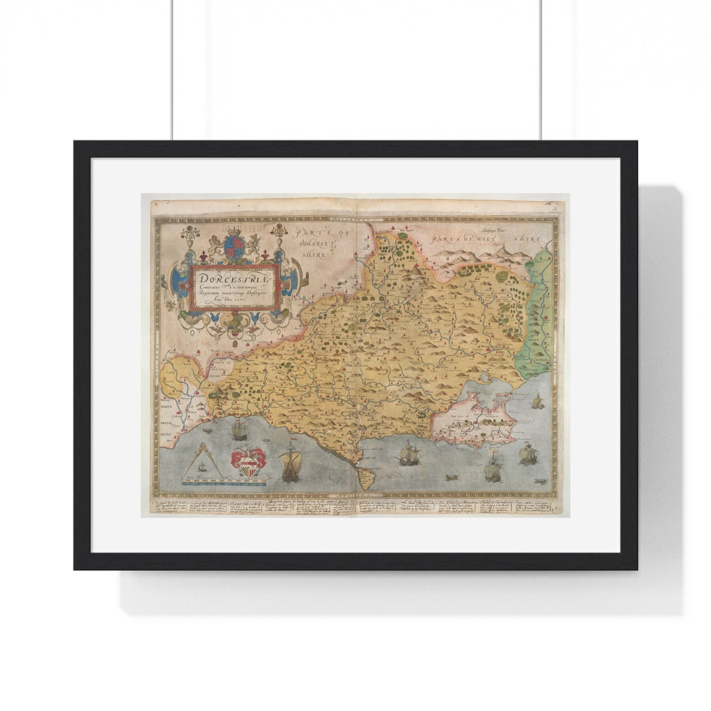 Tudor Antique Map of Dorset from Lord Burghley's Atlas (1579) from the Original, Framed Print