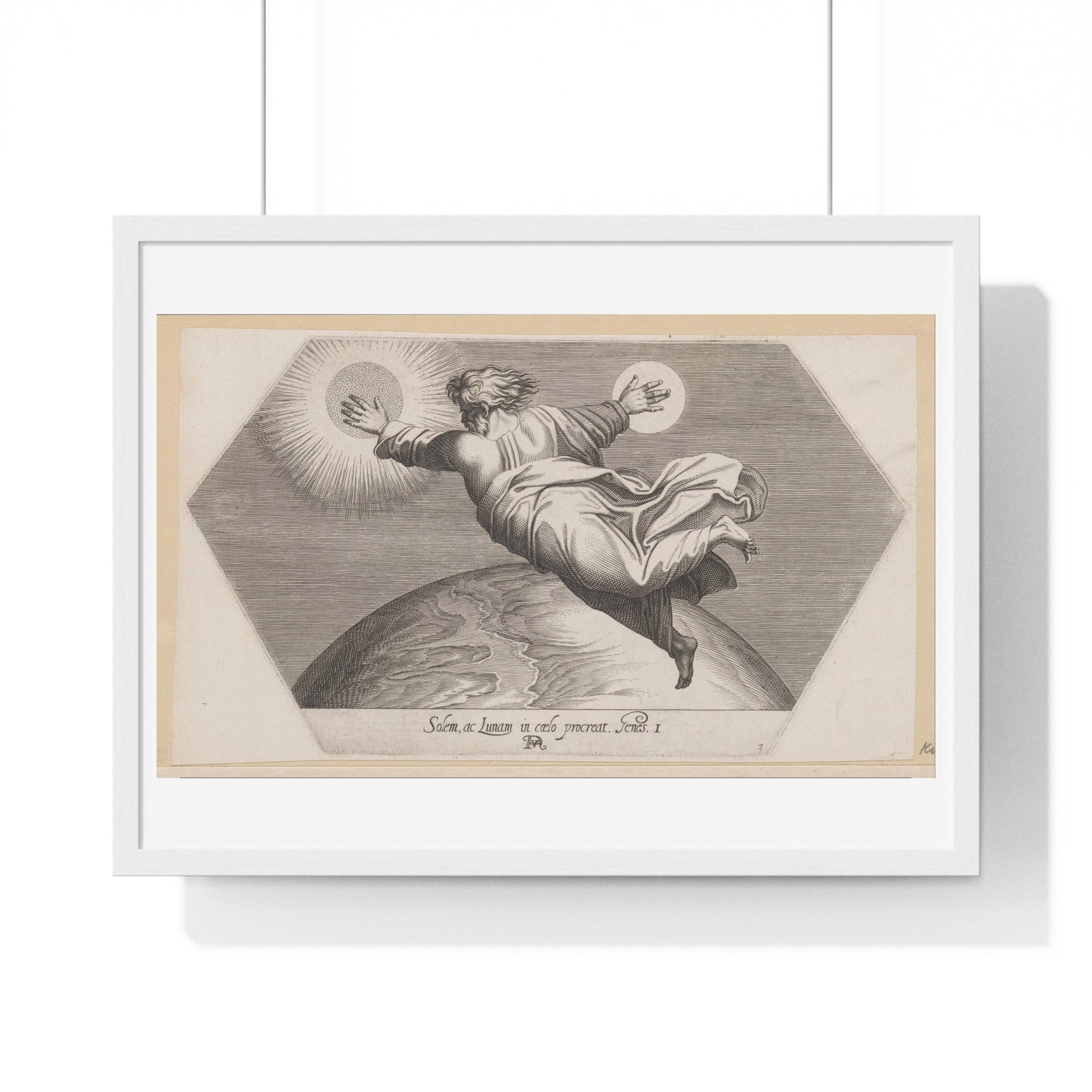 God Schept de Zon en de Maan (1626) by Francesco Villamena and Rafaël, from the Original, Framed Art Print