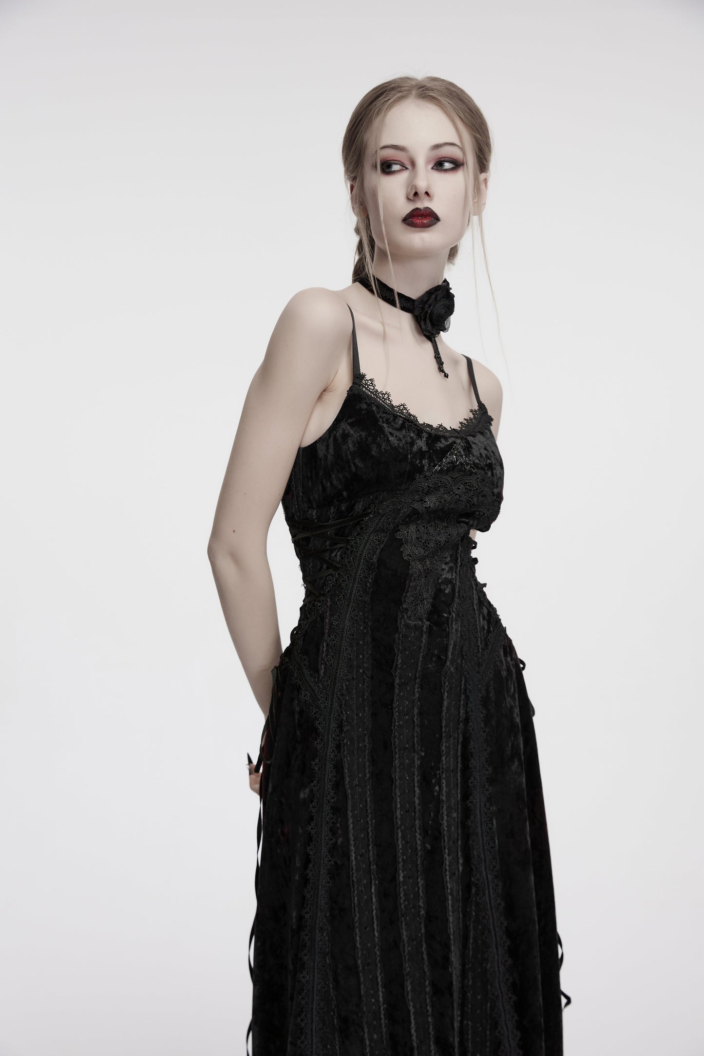 Punk Rave Morrigan Embroidered Velvet Goth Slip Dress in Black