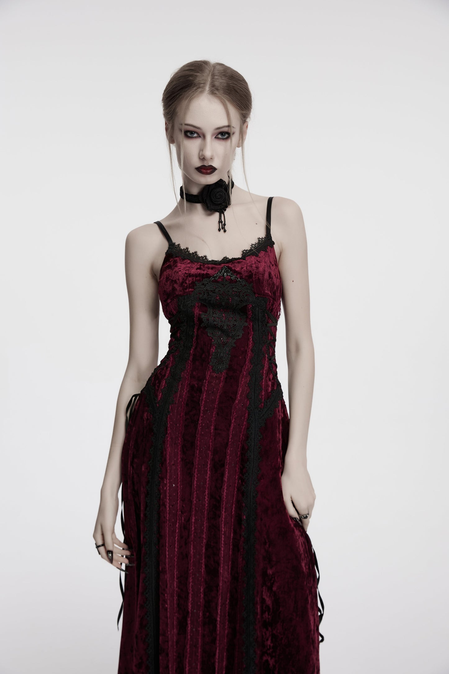 Punk Rave Vivienne Velvet Lace-Panel Goth Slip Dress In Burgundy